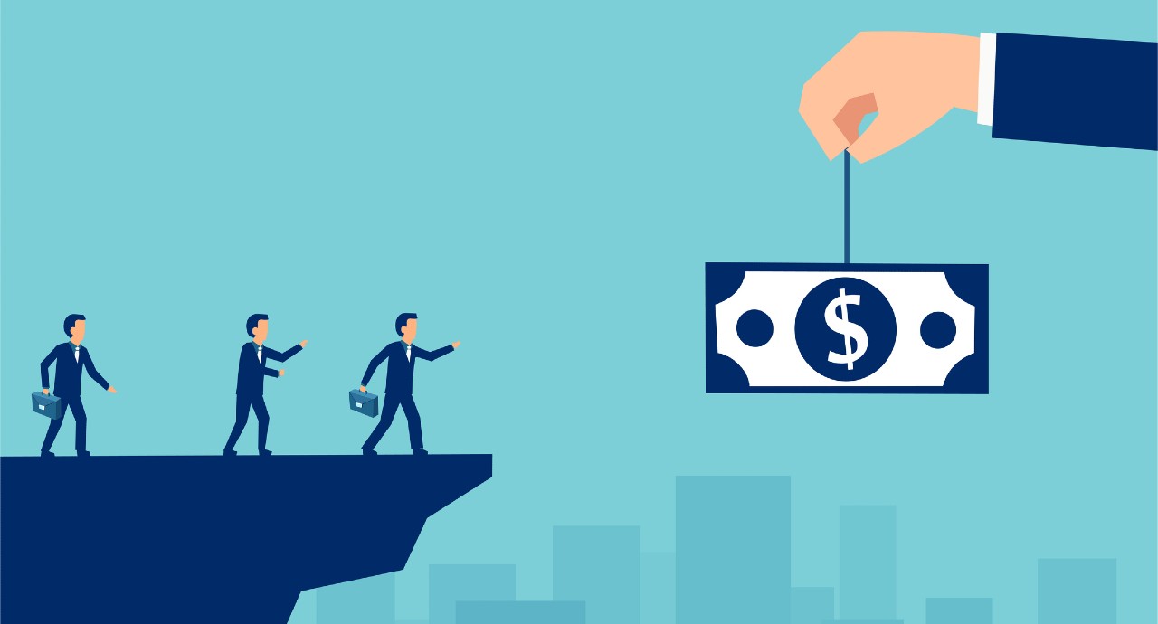 Ilustração de uma mão gigante segurando dinheiro como isca sobre um abismo, representando os riscos em linhas de crédito e financiamentos para trabalhadores.
