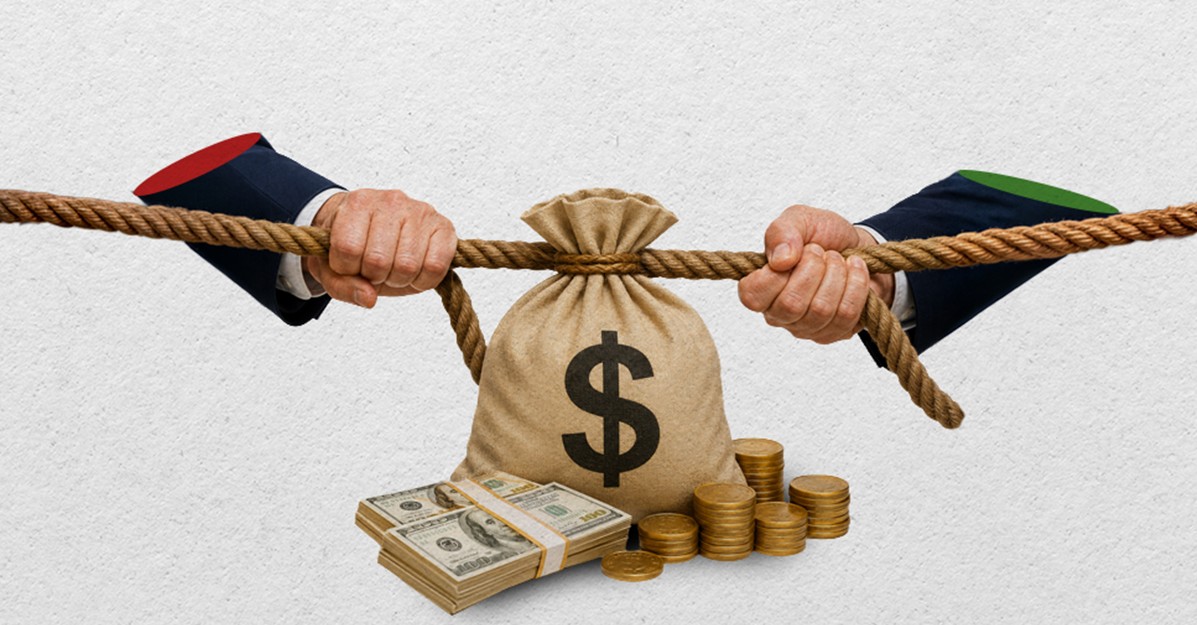 Ilustração conceitual de uma disputa comercial e tributária sobre o tarifaço, mostrando dois lados puxando uma corda amarrada a um saco de dinheiro com notas e moedas ao fundo.