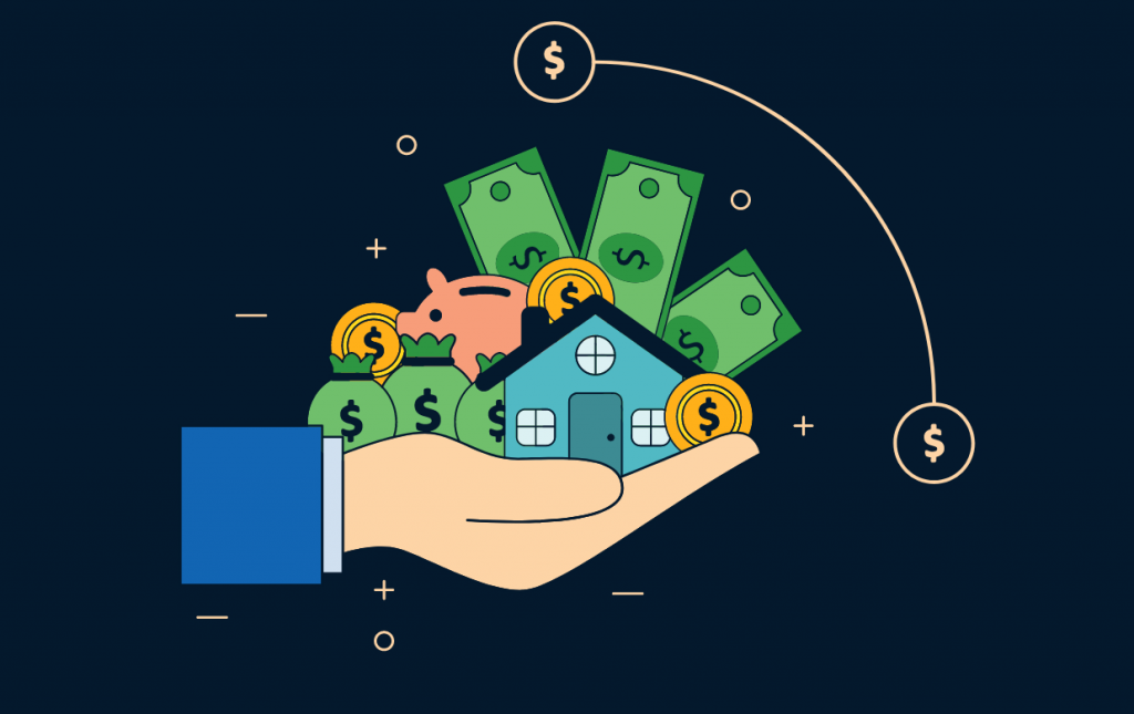 Ilustração de uma mão segurando dinheiro, moedas, um cofrinho e uma casa, representando a tributação de dividendos que movimenta bilhões em 2026.