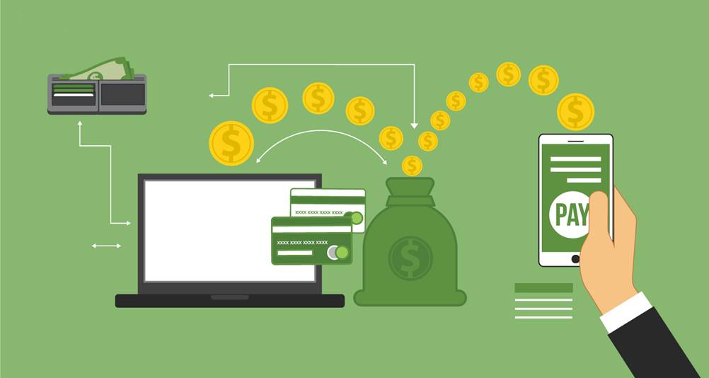 Ilustração em vetor mostrando fluxo de pagamentos digitais com moedas, carteira, notebook e um celular fazendo pagamento, representando a gestão financeira empresarial com IBS e CBS.