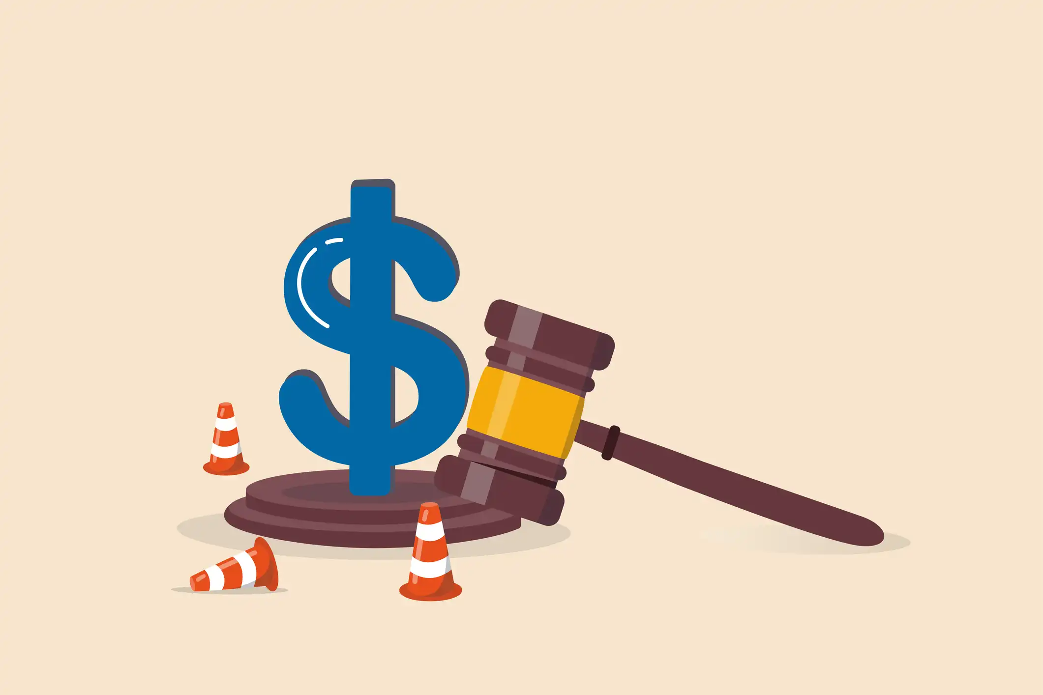 Ilustração de um símbolo de dólar azul ao lado de um martelo de juiz e pequenos cones de trânsito, representando os desafios da recuperação judicial para pequena empresa.