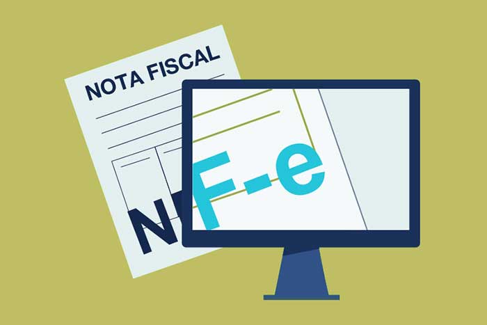 Ilustração de um monitor exibindo a sigla NF-e em destaque sobreposta a um documento de Nota Fiscal, simbolizando as mudanças no cadastro e o uso do cClassTrib com a Reforma Tributária.
