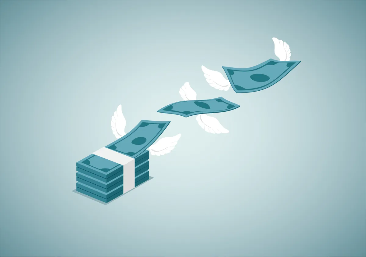 Ilustração de um maço de dinheiro com notas voando com asas, representando o impacto do déficit das contas públicas nas finanças empresariais.