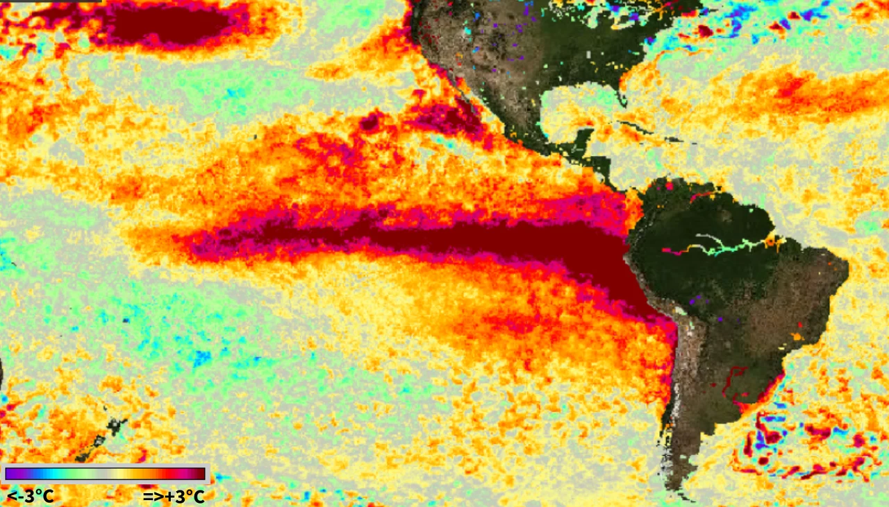 Mapa de satélite térmico dos oceanos mostrando anomalias de temperatura que ilustram o fenômeno Super El Niño e seu impacto potencial na conta de luz em 2027.