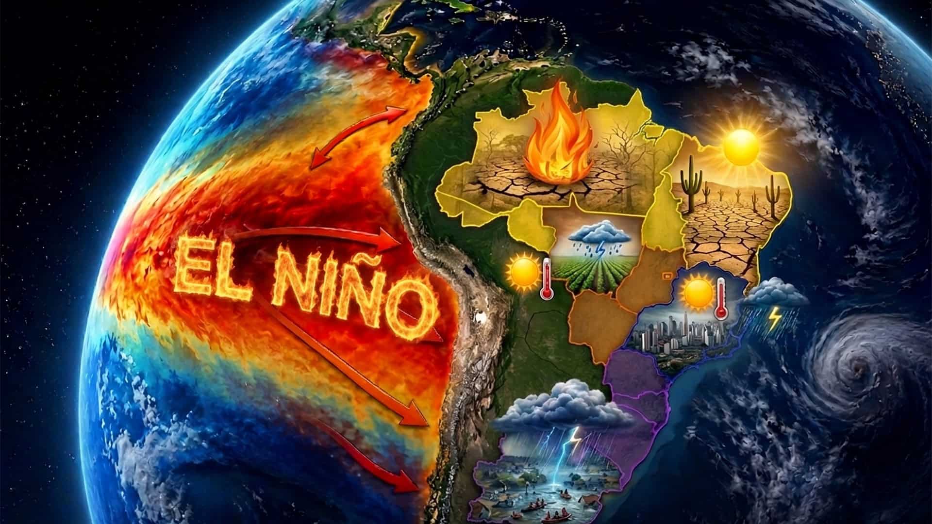 Imagem do planeta Terra em destaque sobre o fenômeno El Niño e seus impactos climáticos no mapa do Brasil, que podem influenciar a geração de energia e a conta de luz em 2027.