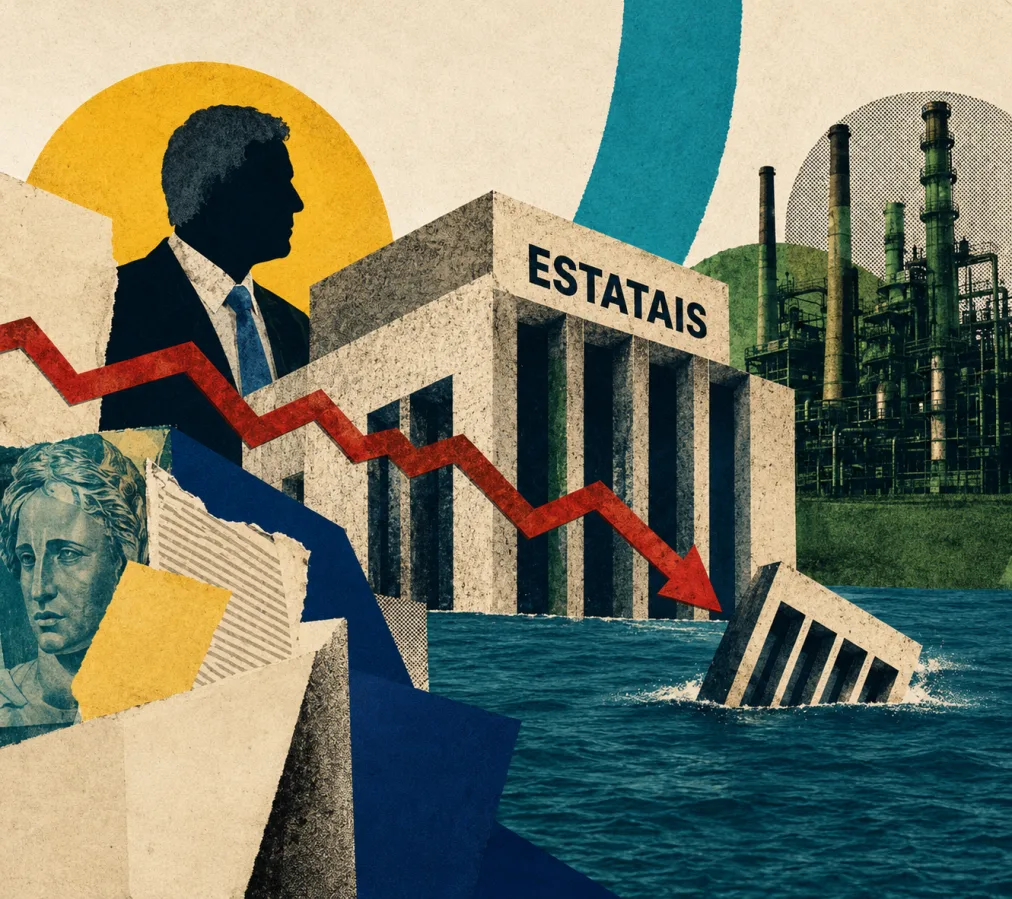 Ilustração em estilo colagem mostrando um prédio com a palavra ESTATAIS afundando na água sob uma seta vermelha em queda, representando o rombo recorde nas empresas federais.