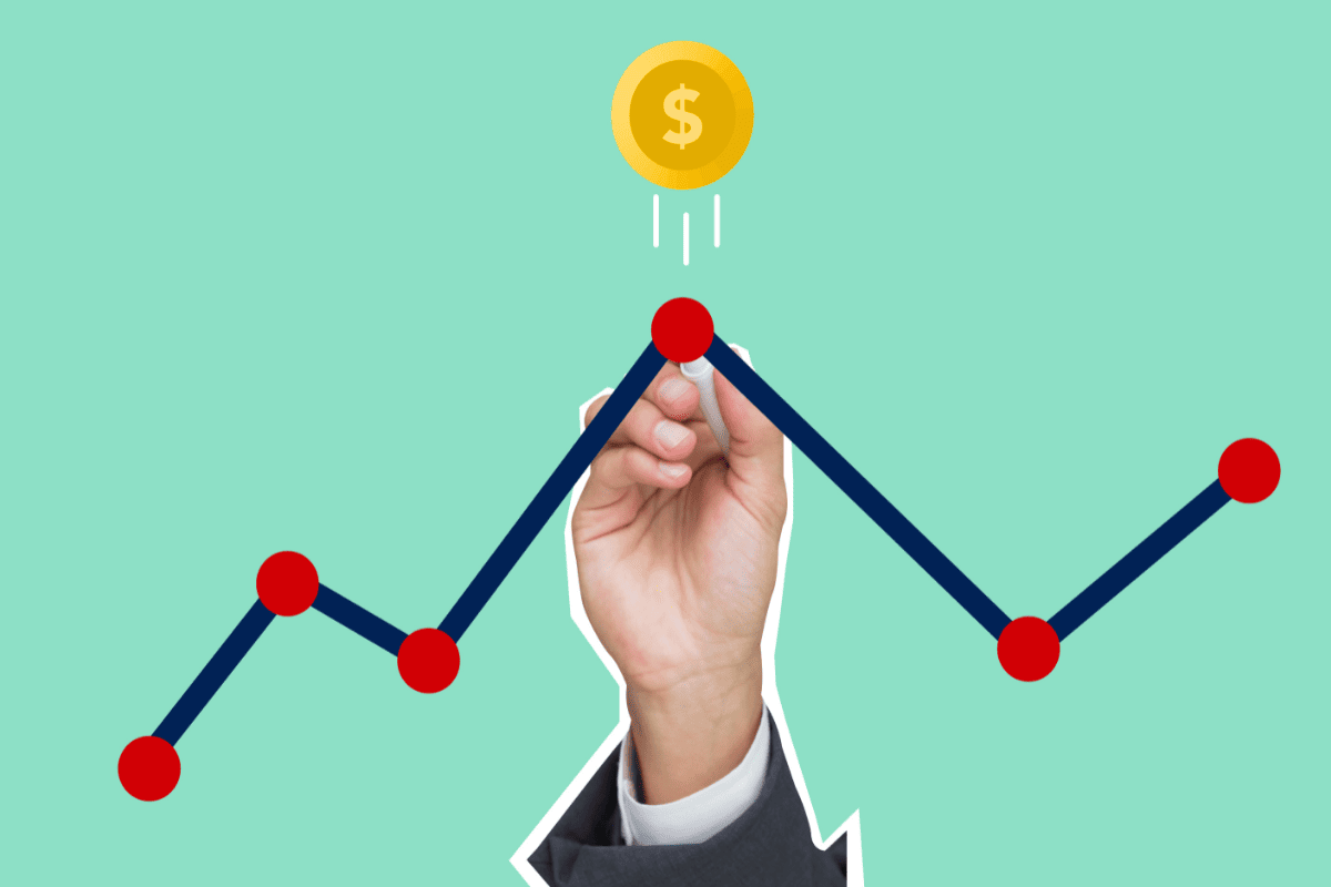 Ilustração de uma mão desenhando um gráfico financeiro com alta de preços, relacionando-se com a reforma tributária em 2027 e a cobrança por consumo.