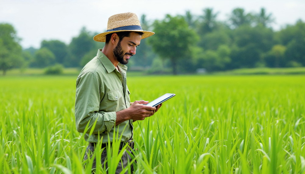 Produtor rural sorridente usando um tablet em meio a uma plantação verde, ilustrando o planejamento para a DITR 2026.
