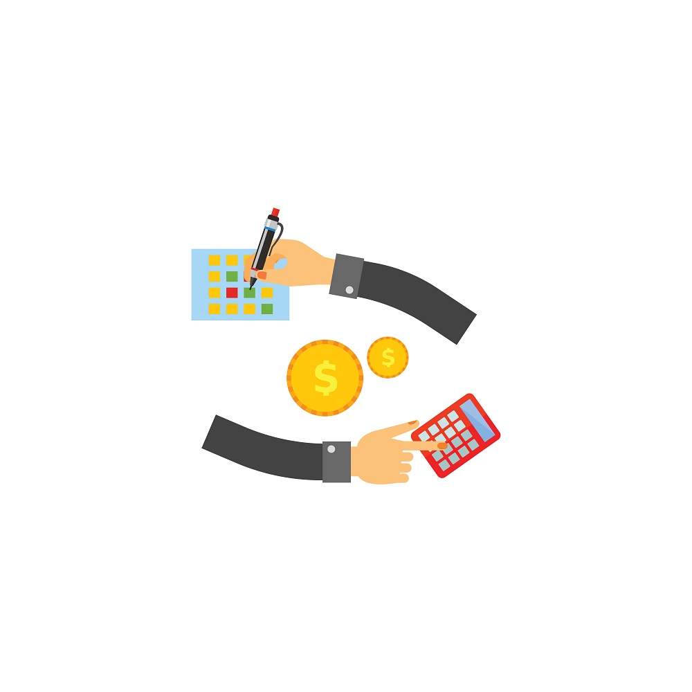 Ilustração de mãos organizando o caixa da empresa com calendário, calculadora e moedas, simbolizando a gestão financeira que será otimizada pelo Split Payment no Pix.