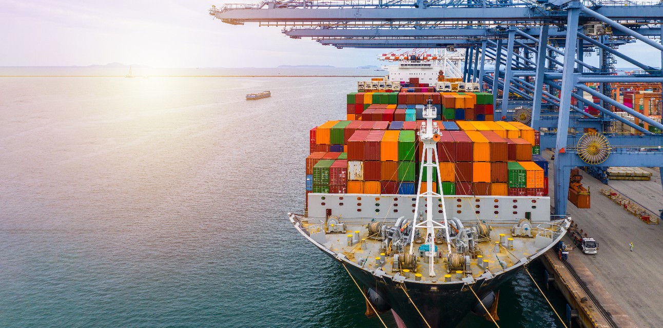 Grande navio porta-contêineres atracado em porto com guindastes, representando o comércio exterior afetado pelo tarifaço.