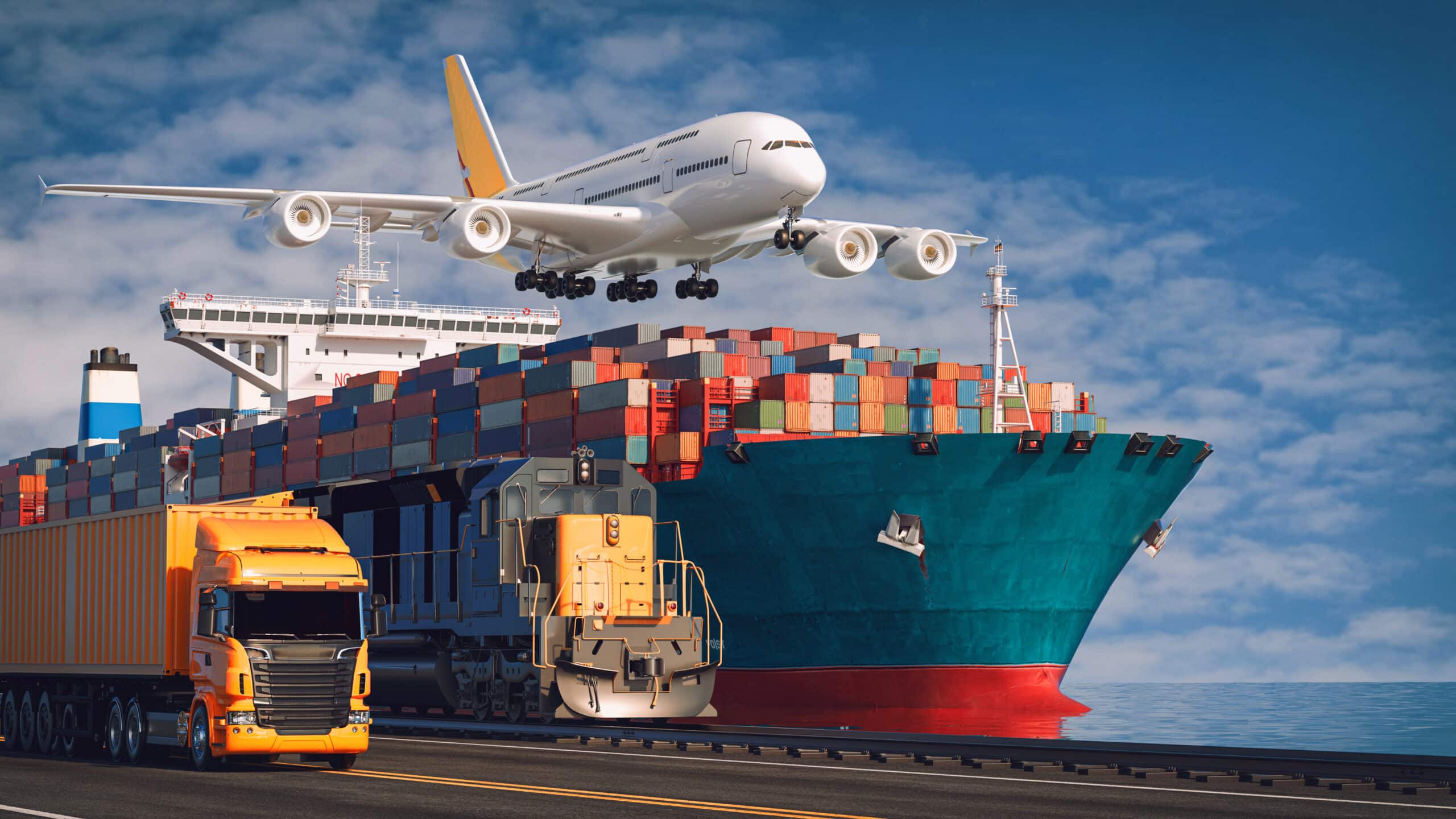 Avião de carga, navio porta-contêineres, trem e caminhão representando meios de transporte usados na exportação brasileira para buscar novos mercados.