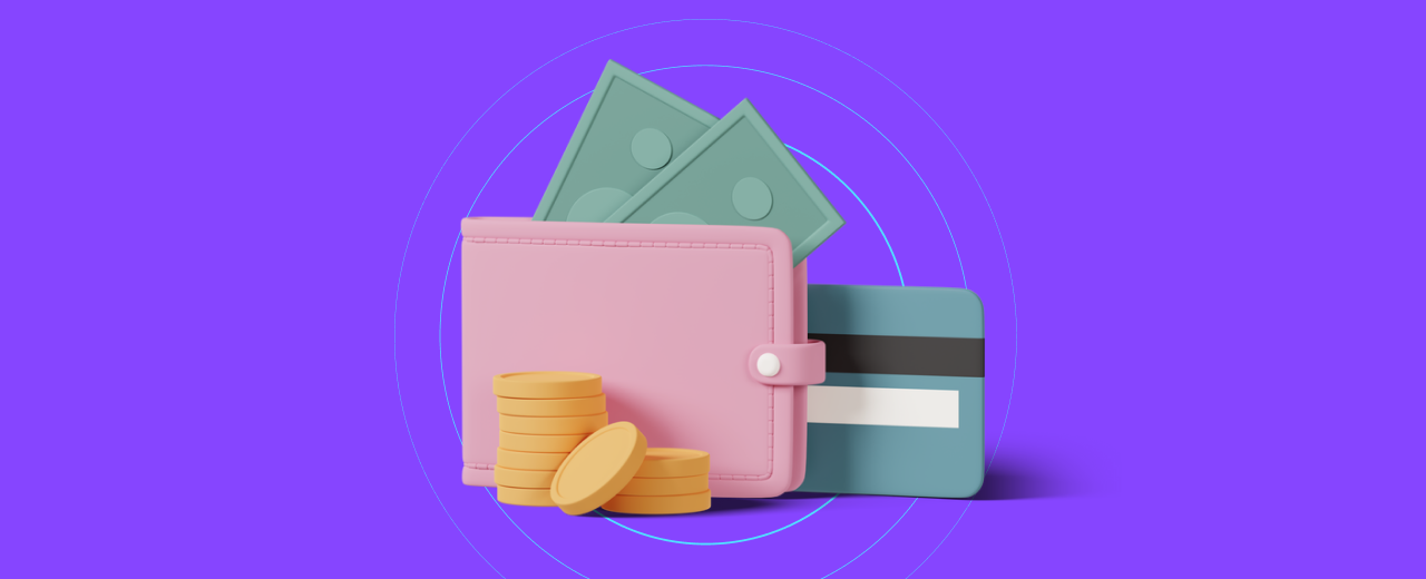 Ilustração 3D em estilo minimalista de uma carteira rosa com dinheiro, moedas e um cartão de crédito, simbolizando economia para MEI e Simples Nacional.