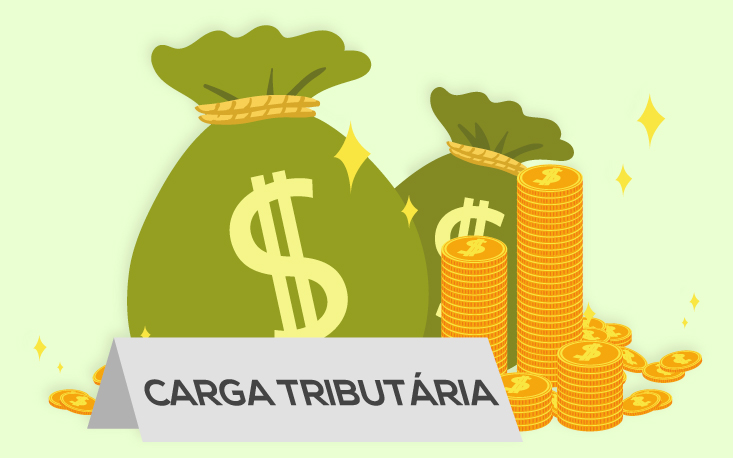 Ilustração de sacos de dinheiro e pilhas de moedas com o texto carga tributária, representando o impacto econômico e o tarifaço nas empresas.