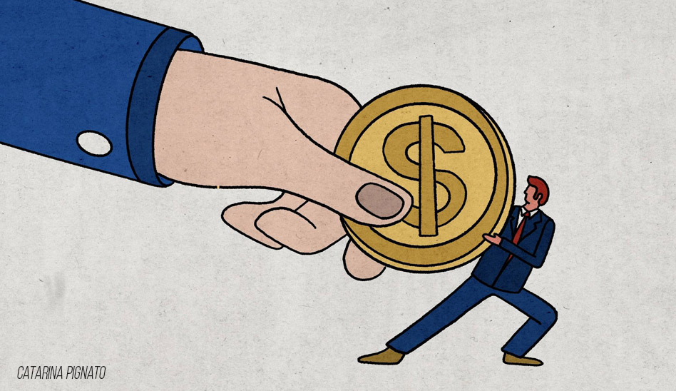 Ilustração de uma mão gigante empurrando uma moeda com o símbolo de dólar contra um empresário, representando o impacto do tarifaço nas empresas.