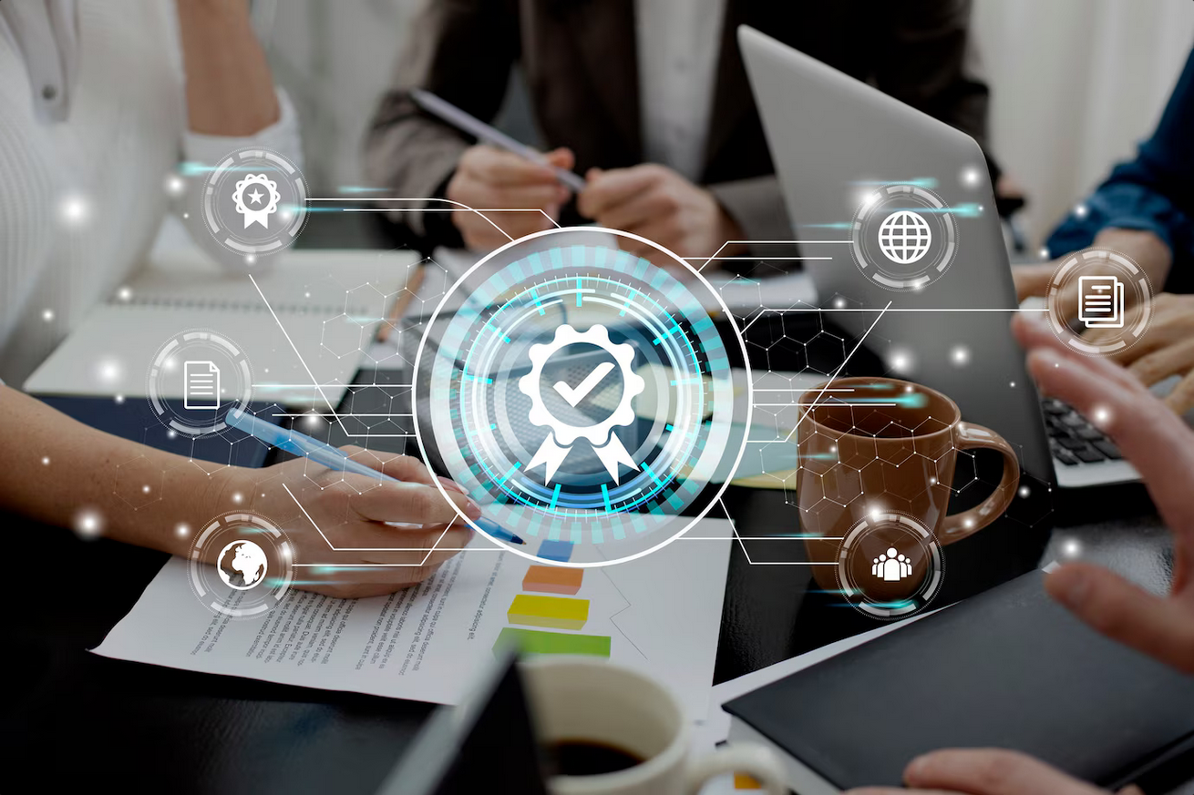 Reunião de negócios com gráficos e ícones digitais de aprovação e conformidade jurídica, ilustrando a validação da moratória da soja e corte de benefícios fiscais pelo STF.