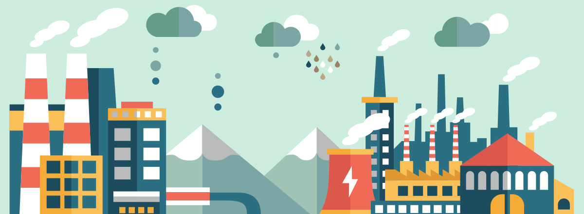 Ilustração vetorial em estilo flat design de um complexo industrial poluente com chaminés e fumaça, representando o impacto fiscal corporativo associado a precatórios.