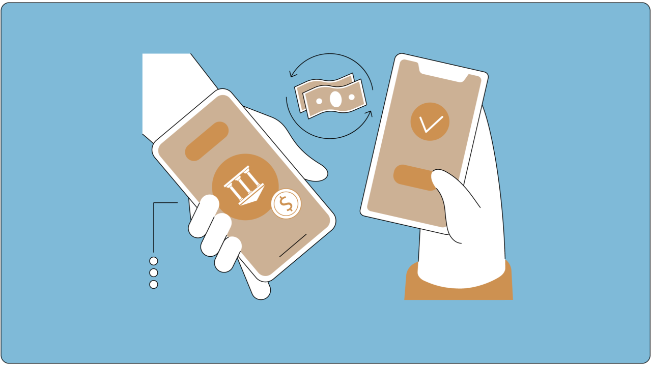 Ilustração em vetor de duas mãos segurando smartphones trocando pagamentos com ícones de banco e dinheiro, representando o funcionamento do split payment no capital de giro empresarial.
