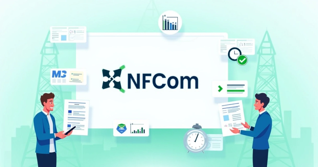 Ilustração corporativa com o logotipo da NFCom cercado por profissionais, gráficos e documentos, ilustrando o adiamento da cobrança de terceiros para 2027.