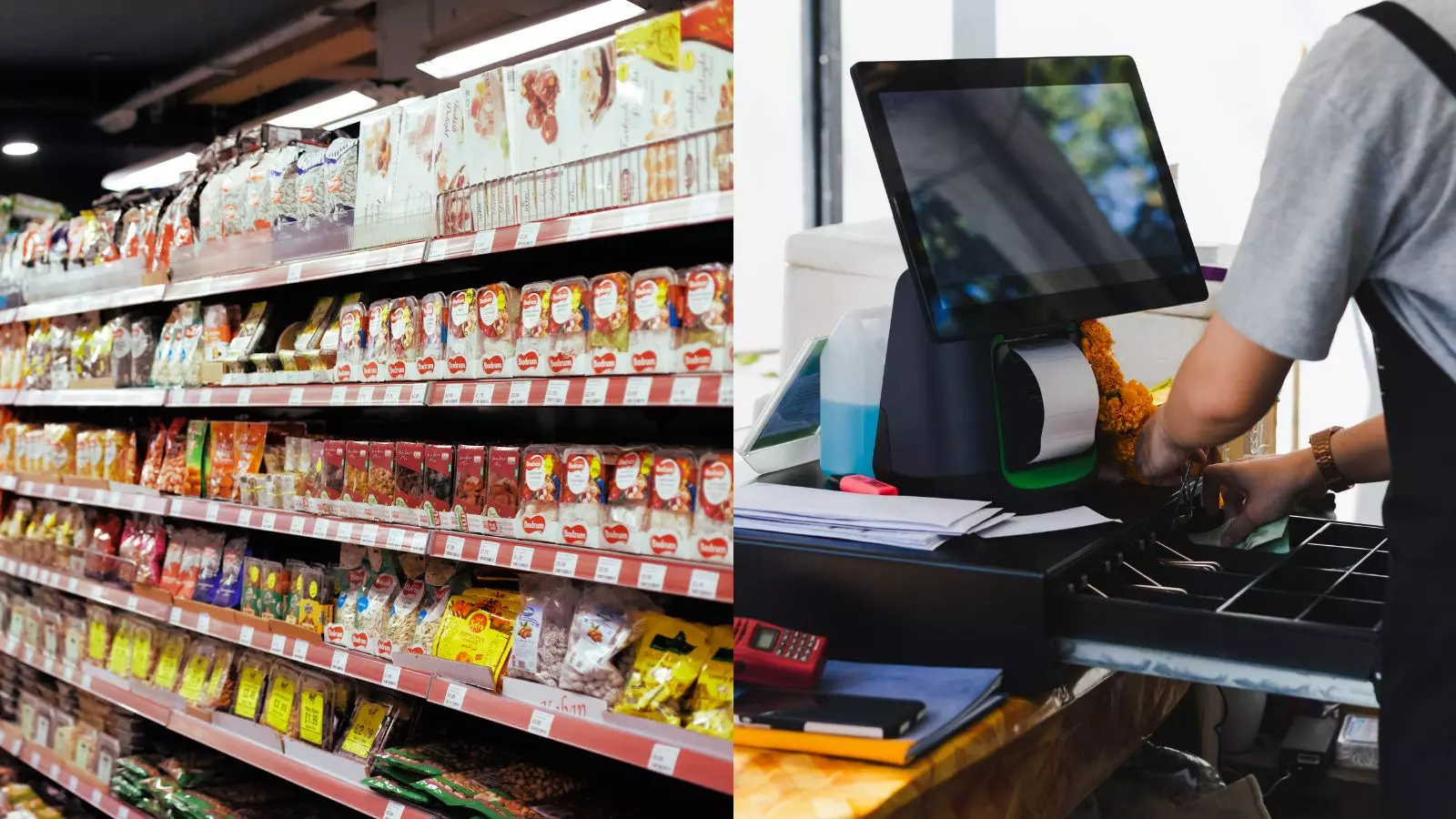 Prateleiras de supermercado abastecidas e caixa registrando vendas, ilustrando os desafios de precificação trazidos pela reforma tributária.