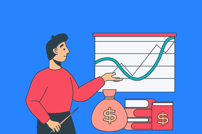 Ilustração de um homem apontando para um gráfico de crescimento financeiro, representando a análise do impacto da Reforma Tributária no Simples Nacional.