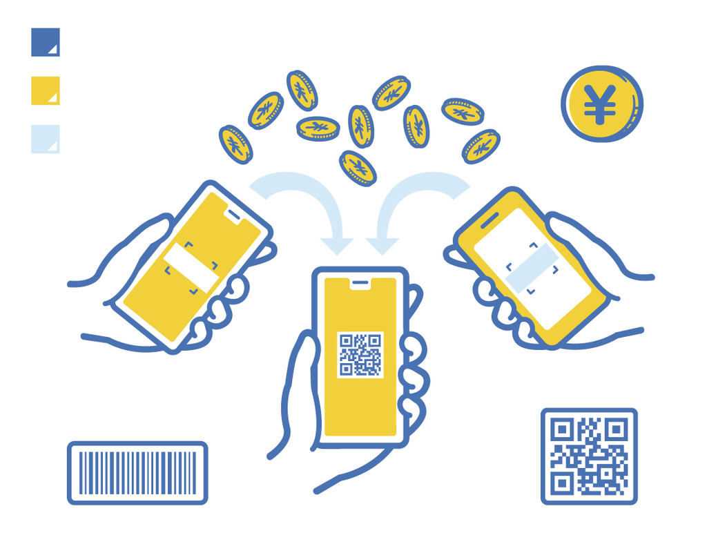 Ilustração em azul e amarelo de mãos segurando smartphones realizando pagamentos digitais com moedas e códigos QR, ilustrando a modernização financeira ligada à Reforma Tributária no Simples Nacional.