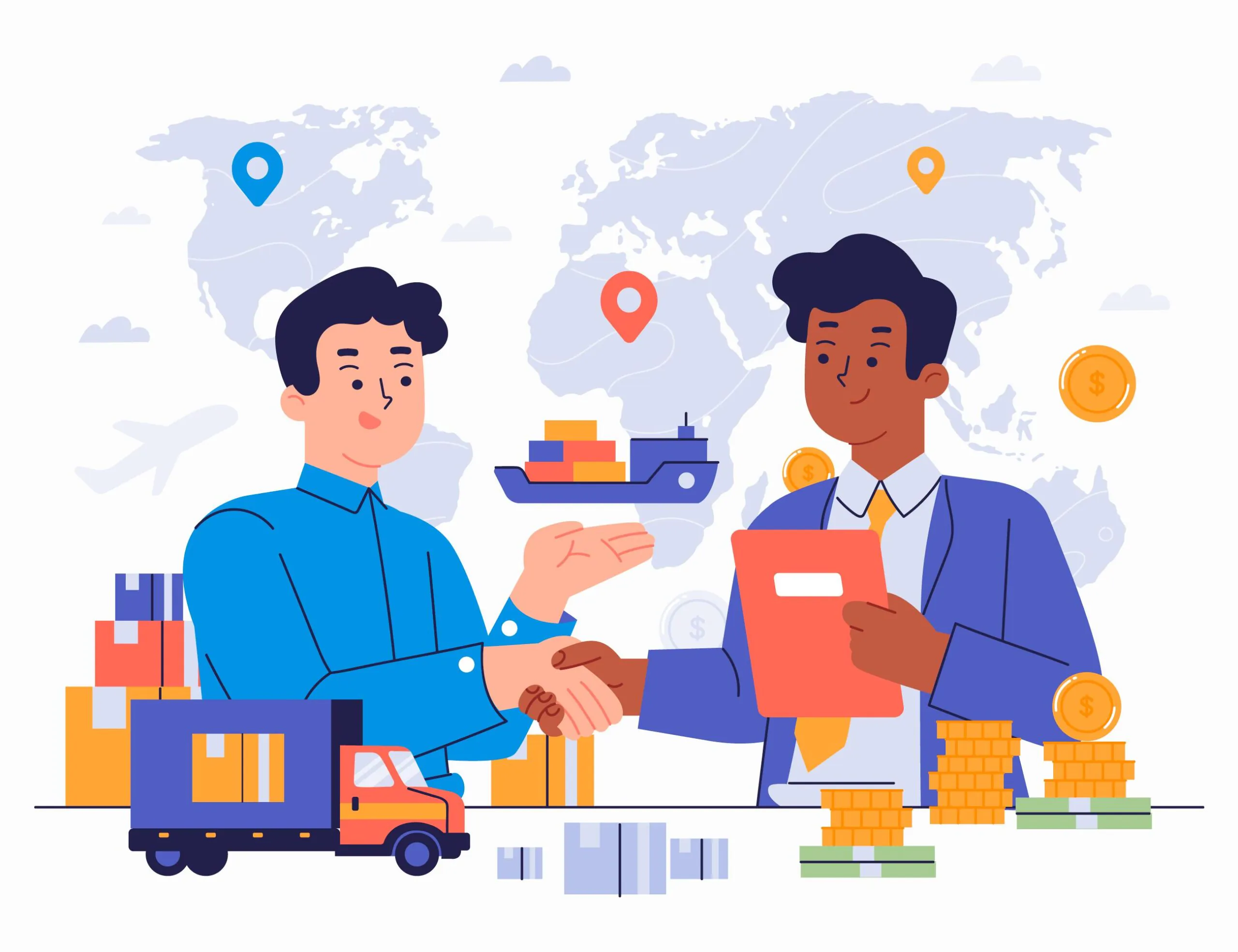 Ilustração de dois profissionais apertando as mãos diante de um mapa mundial, representando acordos logísticos e a tributação de insumos no transporte de cargas.