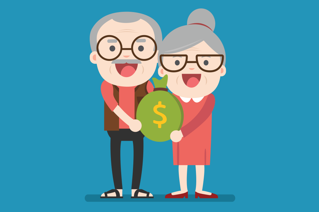 Ilustração de um casal de idosos sorrindo e segurando um saco de dinheiro verde, representando a expectativa sobre a aposentadoria do MEI.