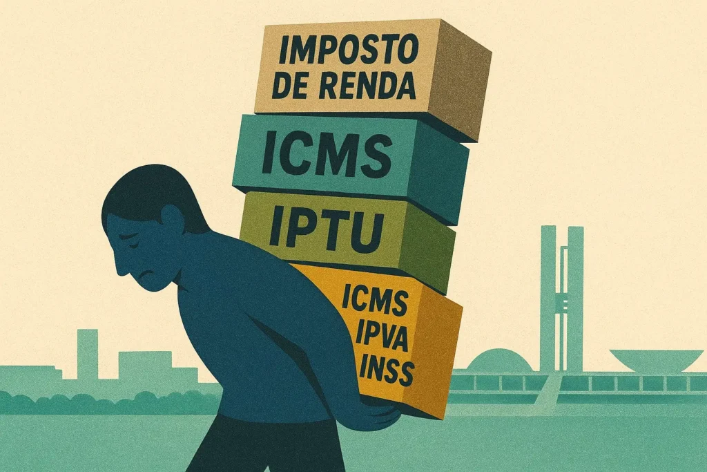 Ilustração de uma pessoa sobrecarregada carregando uma pilha de blocos com nomes de impostos, contextualizando os desafios da Reforma Tributária e a escolha do Simples Híbrido em 2026.