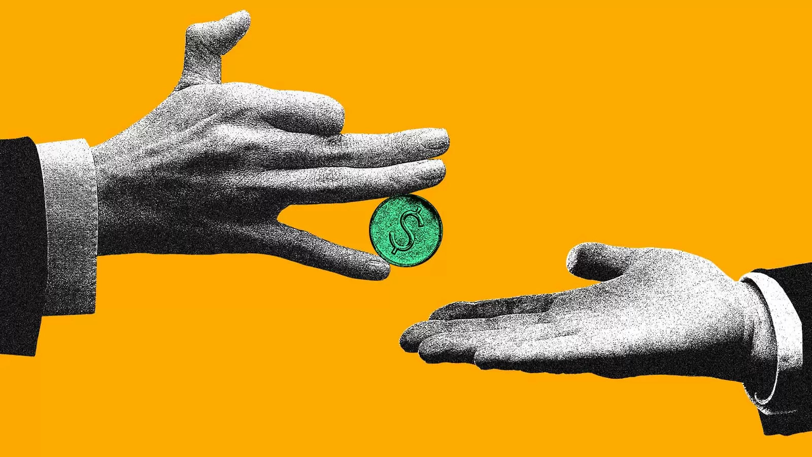 Ilustração em estilo de gravura de duas mãos negociando uma moeda verde com símbolo de dólar, representando dívidas e recuperação judicial empresarial.