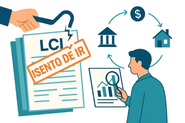 Ilustração vetorial representando o fim da isenção de IR na LCI e seu impacto no caixa empresarial, mostrando um documento de LCI sendo quebrado por um pé de cabra enquanto um profissional analisa gráficos financeiros.
