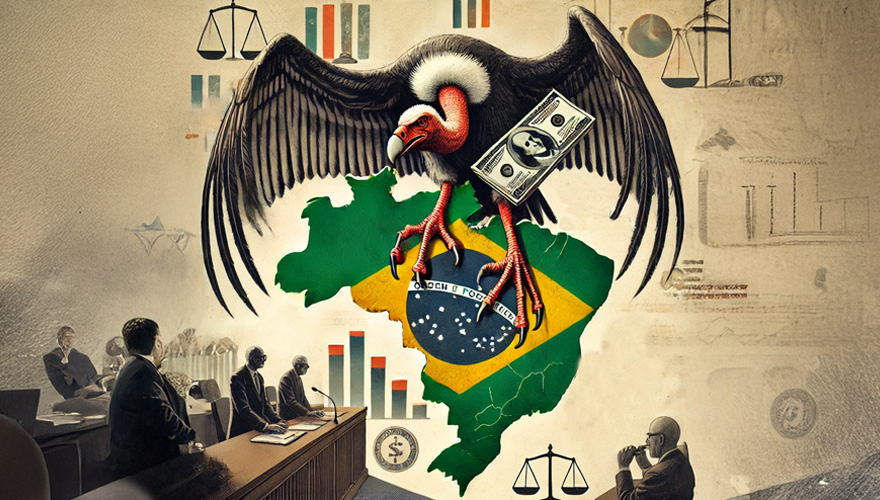 Ilustração conceitual de um abutre segurando notas de dinheiro sobre o mapa do Brasil e gráficos financeiros, representando os desafios da arbitragem tributária para empresas em litígio.