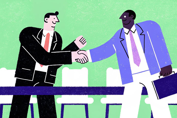 Ilustração de dois empresários de terno apertando as mãos em sinal de acordo sobre arbitragem tributária para empresas em litígio.