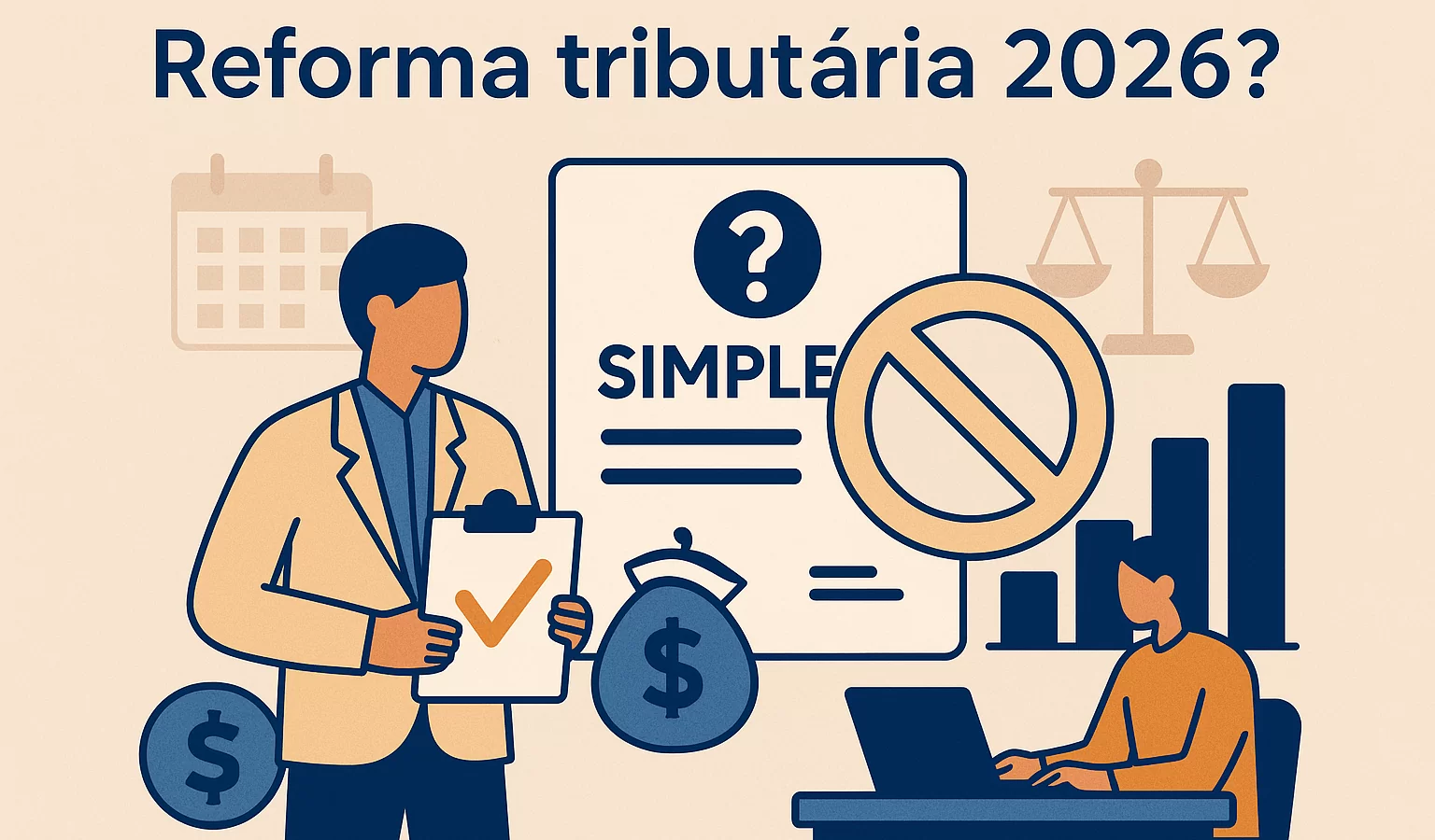 Ilustração com o texto Reforma tributária 2026 e profissionais analisando documentos fiscais e gráficos, demonstrando que muitas empresas ainda não sabem o impacto da Reforma.