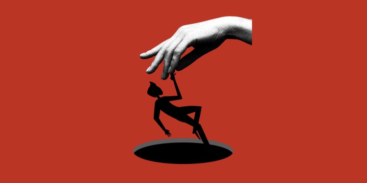 Ilustração em fundo vermelho de uma mão gigante manipulando a silhueta de uma pessoa caindo em um buraco, simbolizando os perigos da engenharia social e fraudes financeiras.