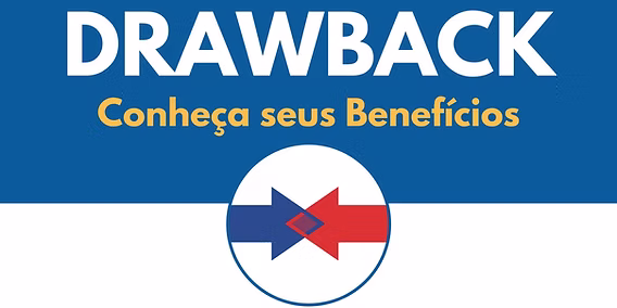 Banner em azul e branco com o título Drawback Conheça seus Benefícios, ilustrando um mecanismo de alívio fiscal para empresas afetadas por tarifaço.