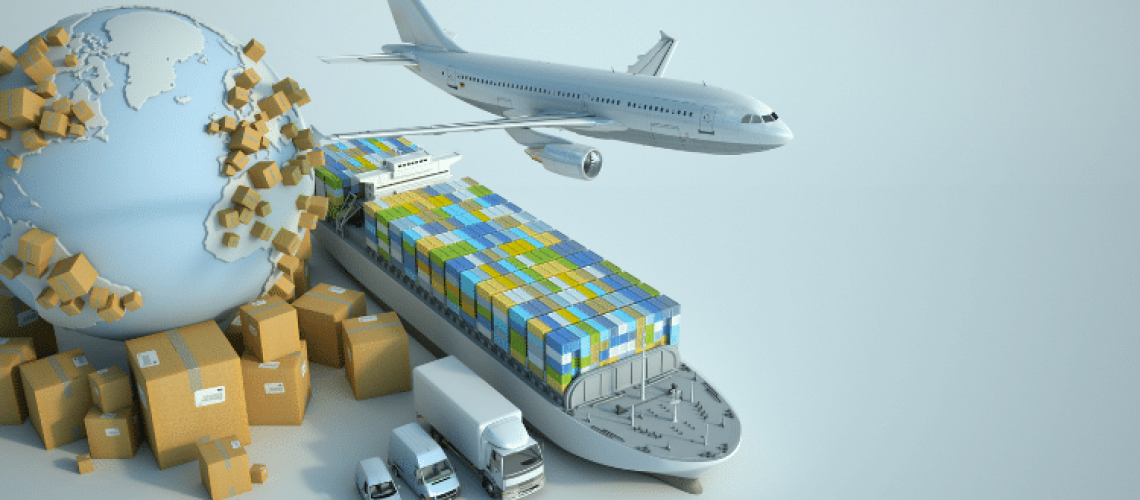 Ilustração 3D de comércio internacional com globo terrestre, navio porta-contêineres, avião de carga e caminhões, representando soluções de drawback para empresas afetadas por tarifaço.