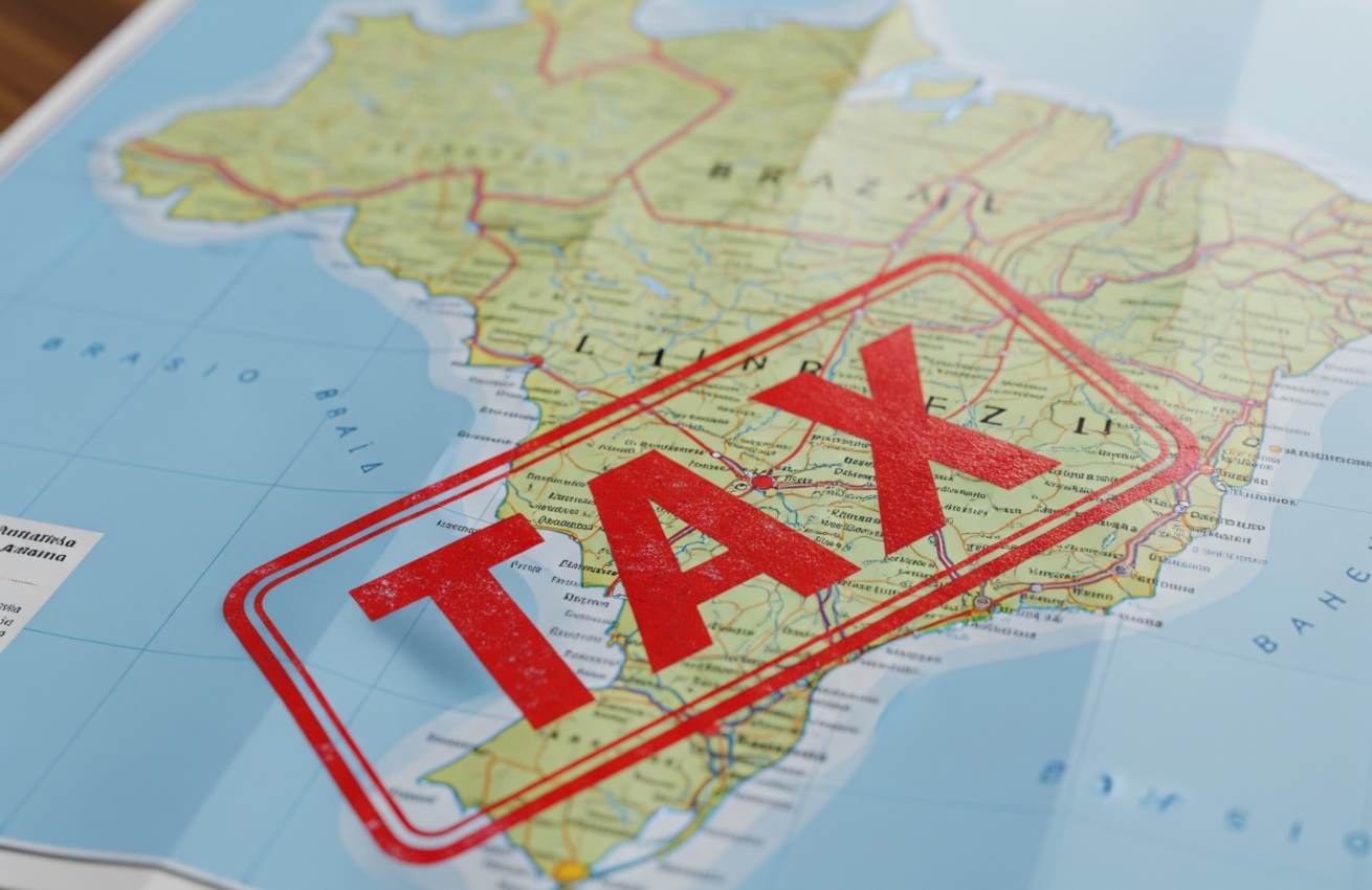 Mapa do Brasil ilustrado com um carimbo vermelho com a palavra TAX, representando o impacto do tarifaço na economia.