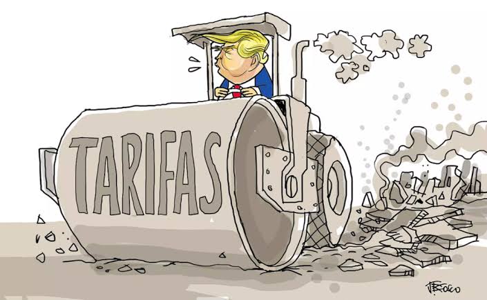 Charge ilustra Donald Trump dirigindo um rolo compressor com a palavra tarifas estampada, simbolizando o tarifaço e a falta de uma solução rápida.