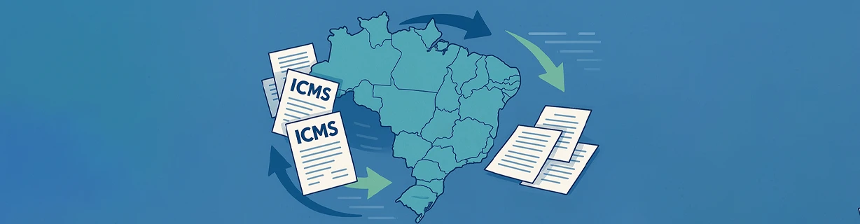 Ilustração em azul do mapa do Brasil cercado por documentos fiscais de ICMS e setas, representando o impacto tributário no IRPJ e CSLL.