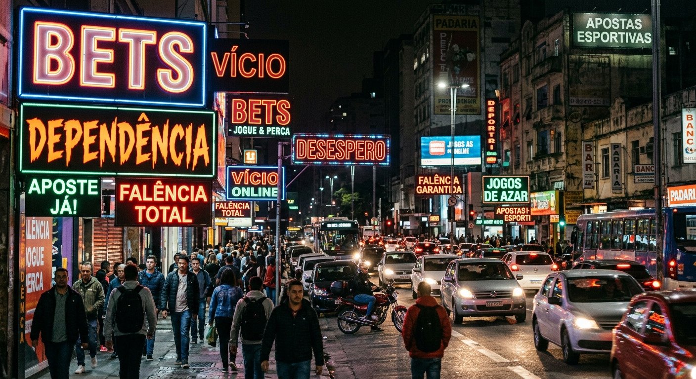 Foto urbana noturna com pedestres e trânsito na rua, onde grandes placas de néon com os dizeres BETS, Vício, Dependência e Falência Total ilustram o tema de bets na mira da Receita.