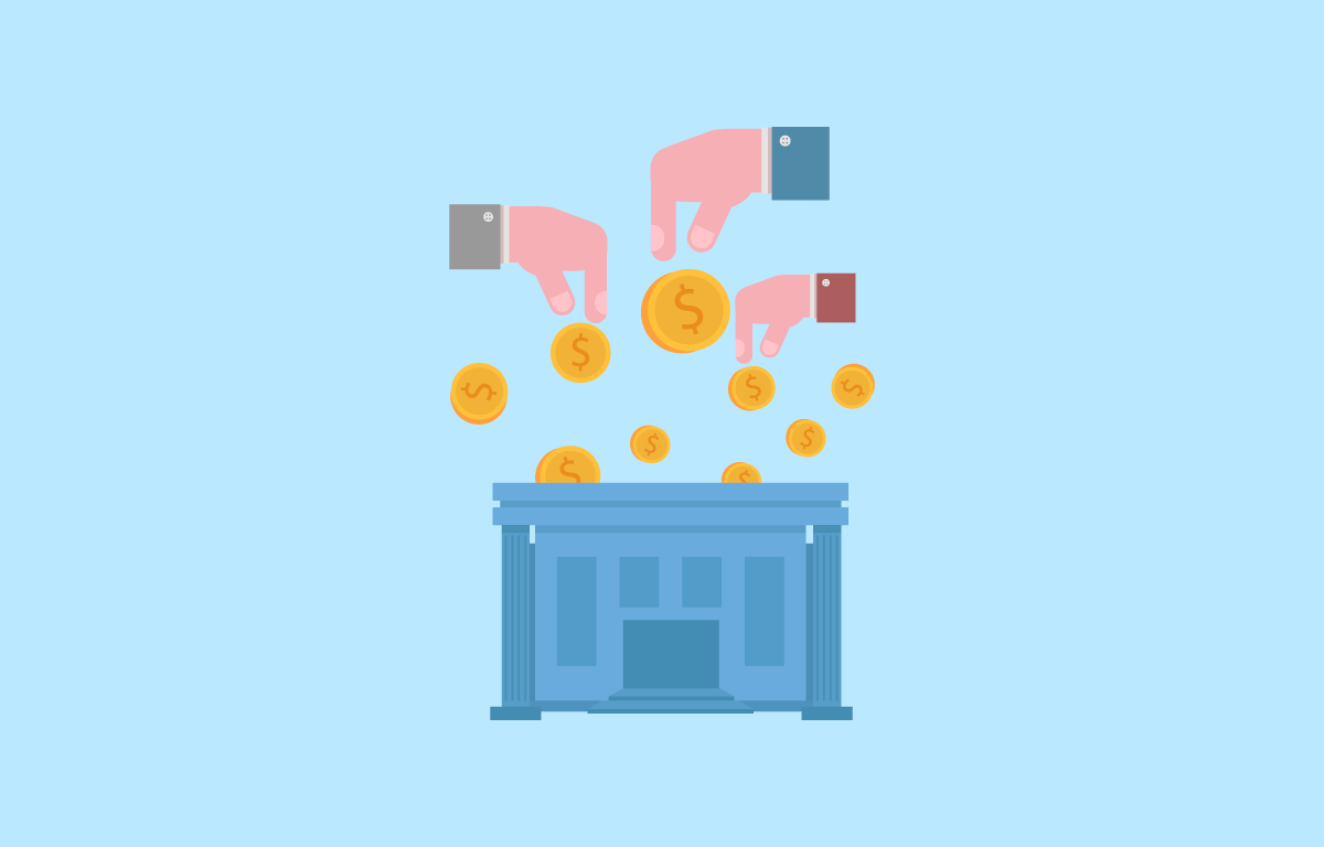 Ilustração vetorial em fundo azul claro de mãos depositando moedas em um prédio governamental, ilustrando a regularização de PIS e Cofins junto à Receita.