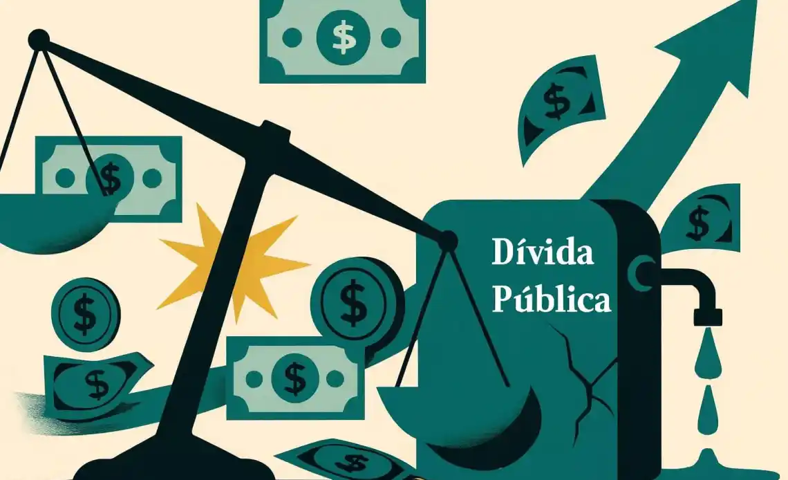 Ilustração em tons de verde e bege mostrando uma balança financeira e um bloco com o texto Dívida Pública, representando o impacto no orçamento empresarial.