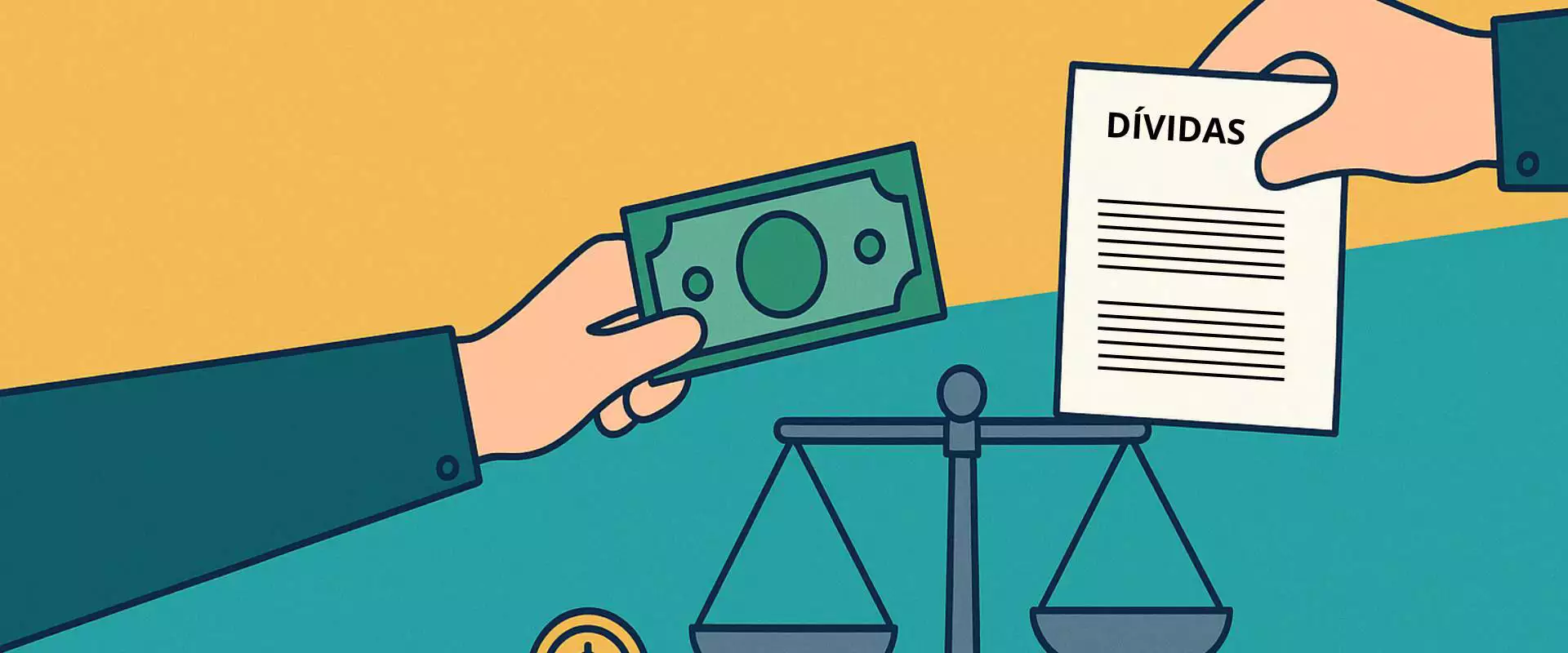 Ilustração de duas mãos segurando notas de dinheiro e um documento de dívidas acima de uma balança, representando o impacto no orçamento empresarial.