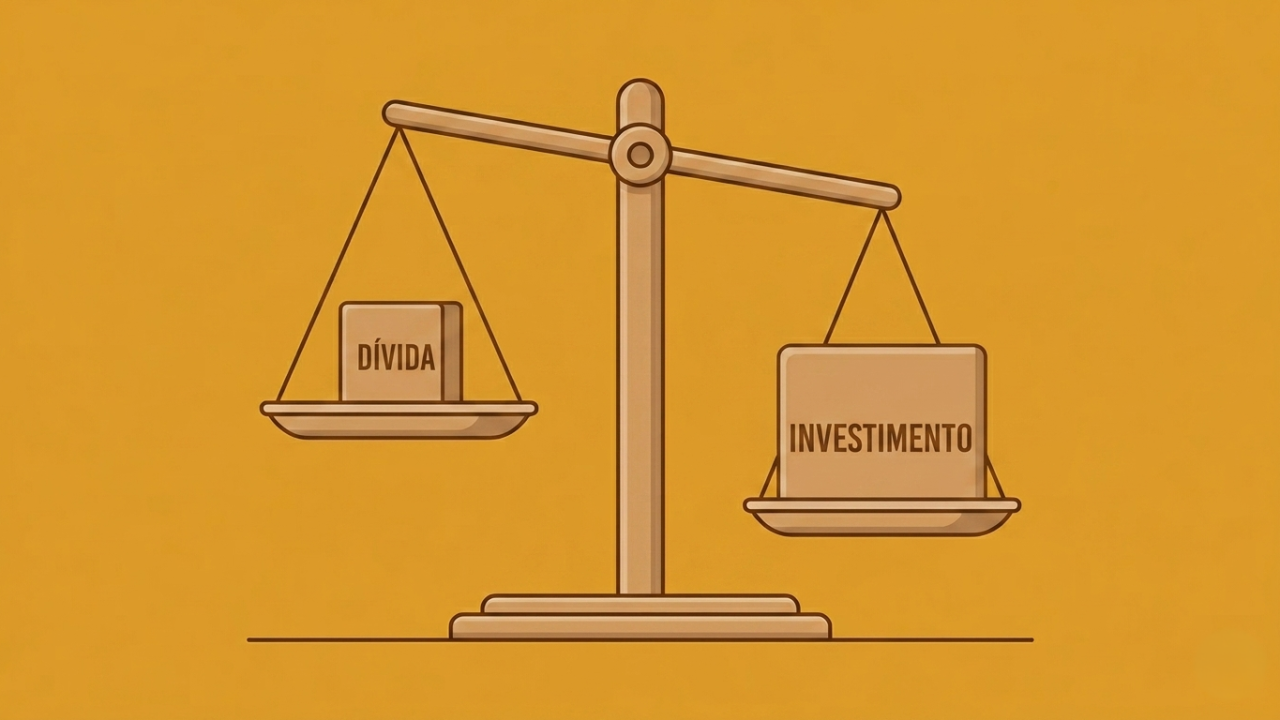 Ilustração em estilo desenho de uma balança de dois pratos sobre fundo amarelo, mostrando o peso entre um bloco escrito dívida e outro maior escrito investimento, representando o impacto no orçamento empresarial.