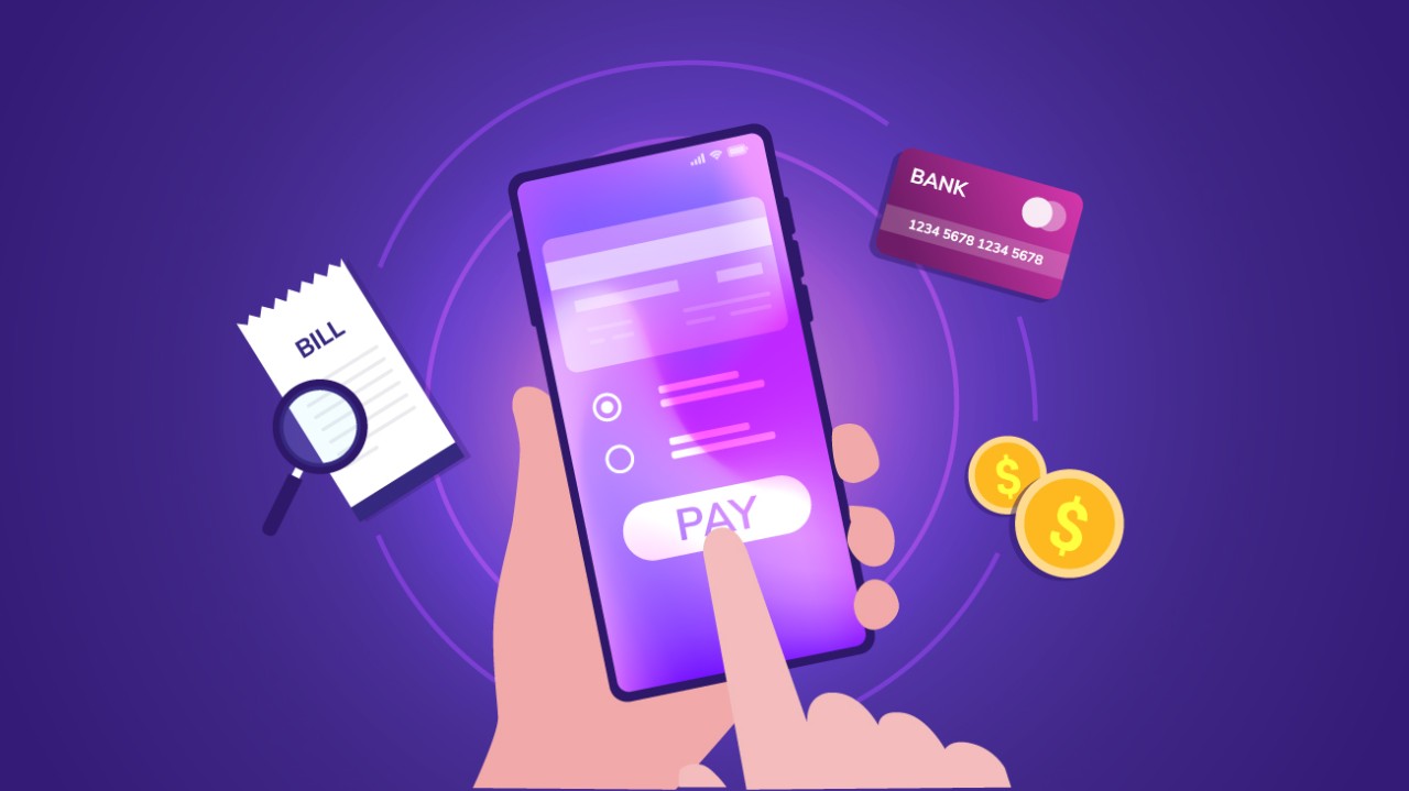 Ilustração em tons de roxo de uma mão usando o celular para pagamento digital, representando a tecnologia financeira que será usada no split payment da reforma tributária.
