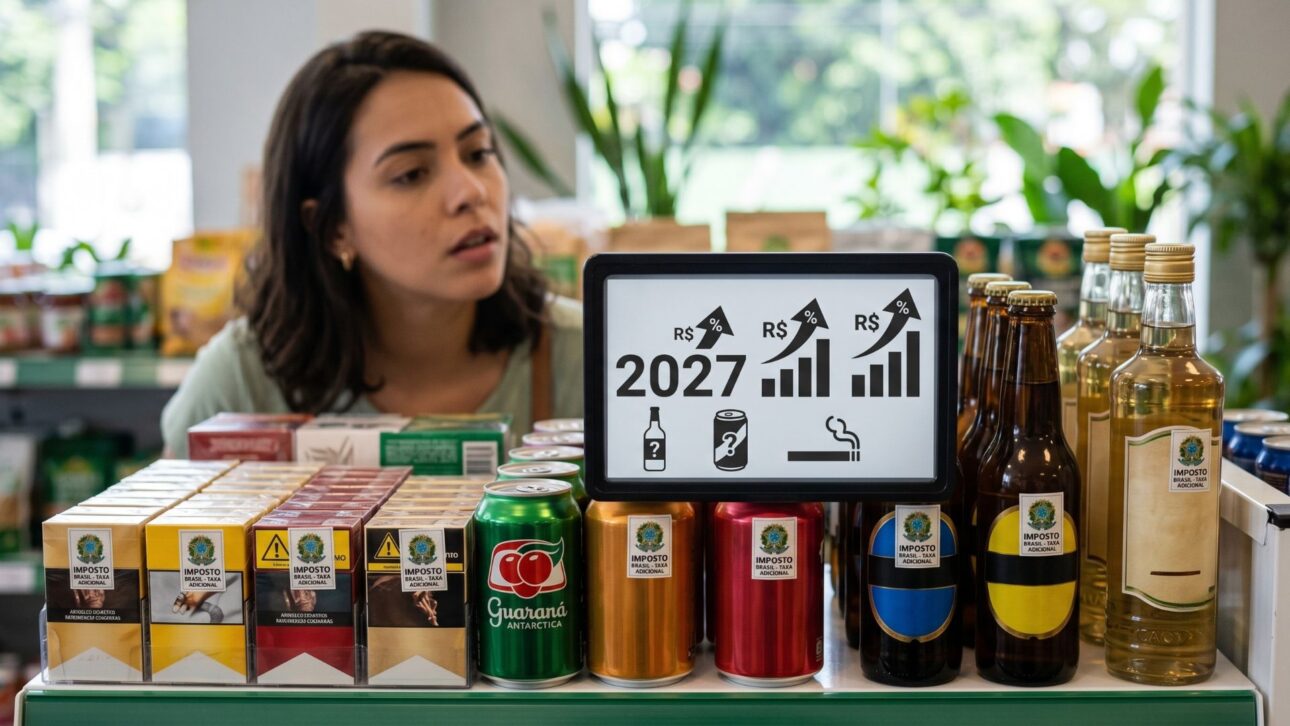 Mulher observa prateleira de supermercado com bebidas e cigarros ao lado de um painel digital que ilustra o imposto do pecado previsto para 2027.