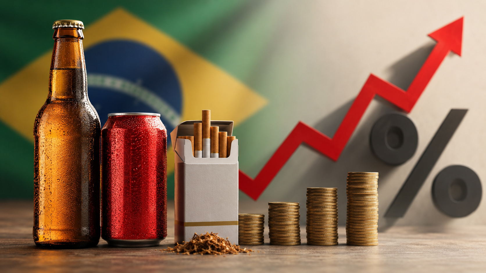 Garrafa de cerveja, lata de bebida, maço de cigarros e pilhas de moedas diante de um gráfico de alta, ilustrando o impacto do imposto do pecado no orçamento de 2027.