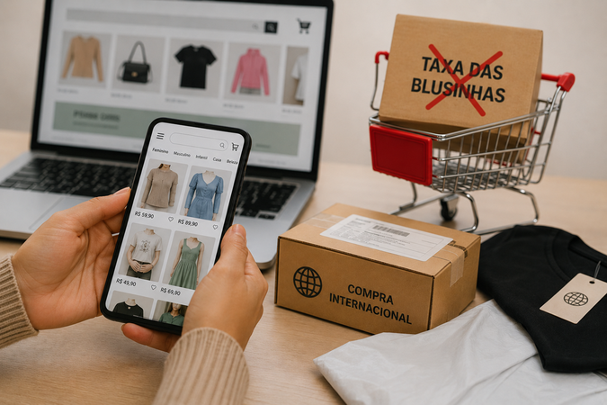 Pessoa usando um celular para compras internacionais de roupas em site de e-commerce, com notebook, caixas de entrega e um carrinho de compras em miniatura ao fundo.