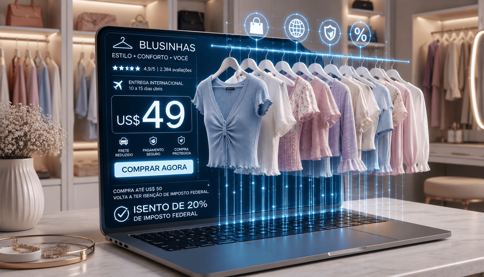 Notebook aberto sobre uma mesa exibe na tela o site de um e-commerce de roupas com blusinhas penduradas em cabides virtuais, ilustrando o impacto da taxa das blusinhas e o cálculo de impostos de importação.