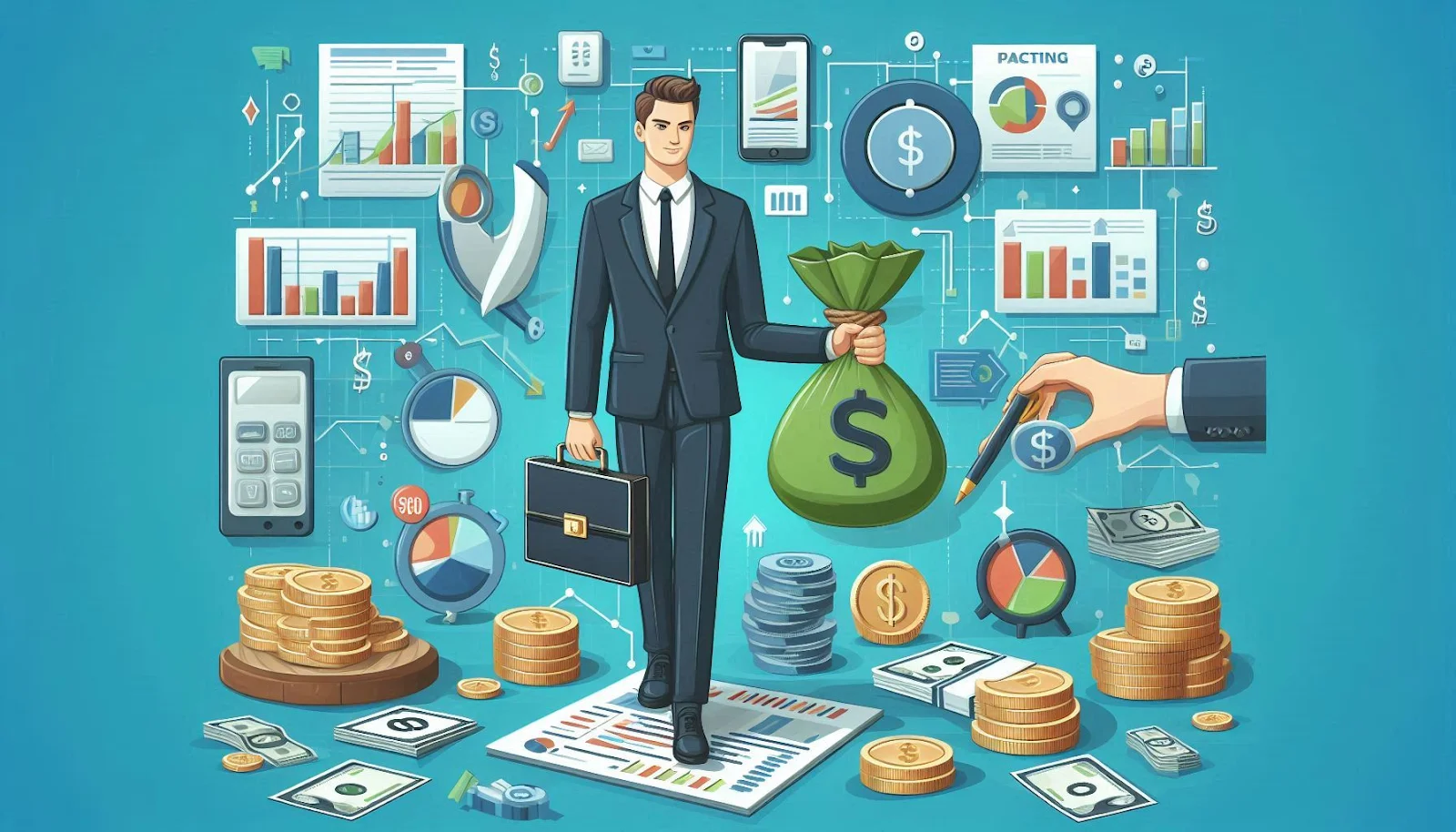 Ilustração de um empresário cercado por gráficos, moedas e um saco de dinheiro, simbolizando o impacto do coeficiente do IBS na distribuição de receita e nas empresas.